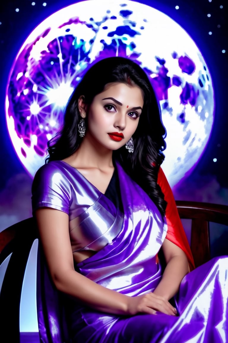 beautiful girl, purple silver saree, real Indian beauty, real black eyes, red lips, in the moon light, full photo, sitting on the chair, look at viewer,