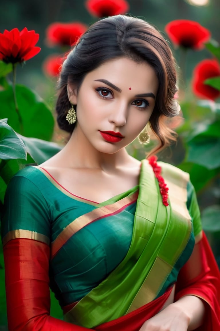 beautiful girl, green red saree, real Indian beauty, real black eyes, red lips, in the cool light, full photo, love in red green flower, look at viewer,