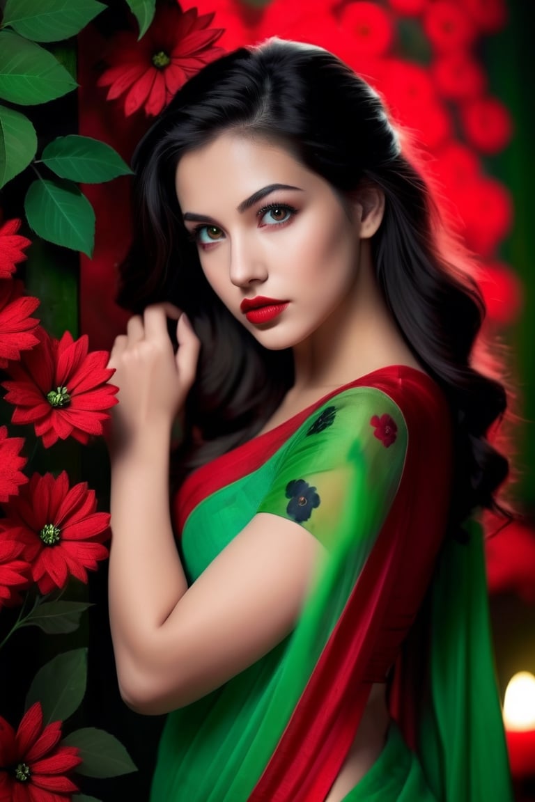 beautiful girl, green red saree, real Indian beauty, real black eyes, red lips, in the cool light, full photo, red green flower background, look at viewer,