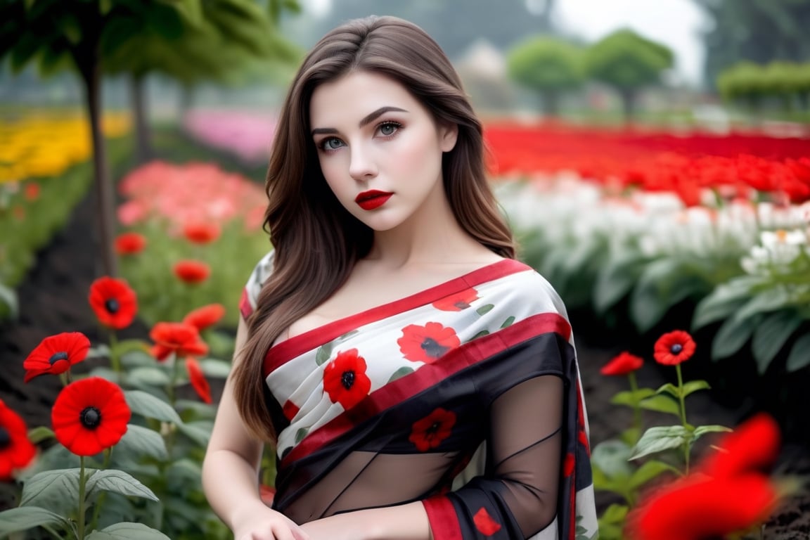 beautiful girl, flower printed saree, real Indian beauty, real black eyes, red lips, in the flower garden, full photo, look at viewer,