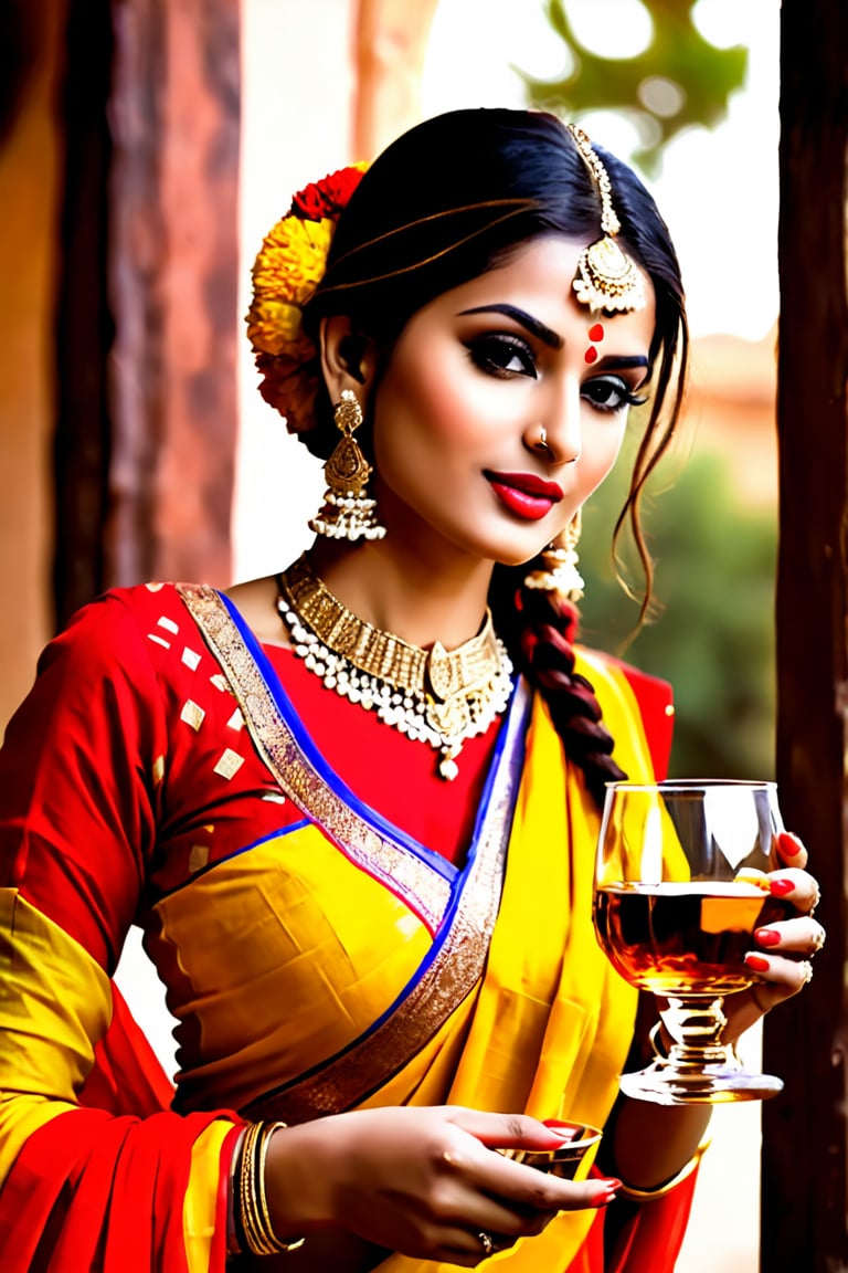 Rajasthani beuty, wearing red yellow chunari, whisky glass, drinking whiskey,