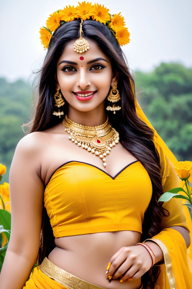 beautiful shiva girl, realistic Indian beauty, yellow ghagra, black HD eyes, look at viewer, real lips, real skin tone, real HD image, HD face, full body shot head to toe, HD smile, shivlinga pray with flowers, near ruver,