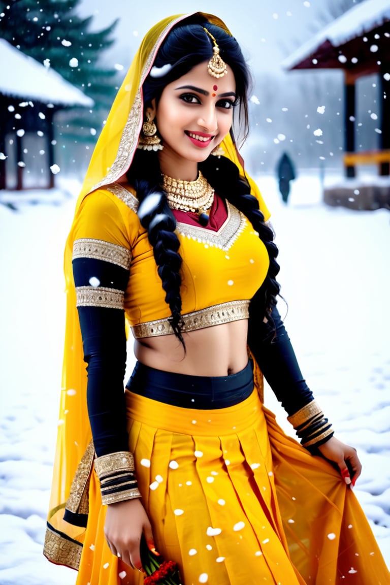 beautiful shiva girl, realistic Indian beauty, yellow ghagra, black HD eyes, look at viewer, real lips, real skin tone, real HD image, HD face, full body shot head to toe, HD smile, shivlinga pray with flowers, in snow fall,