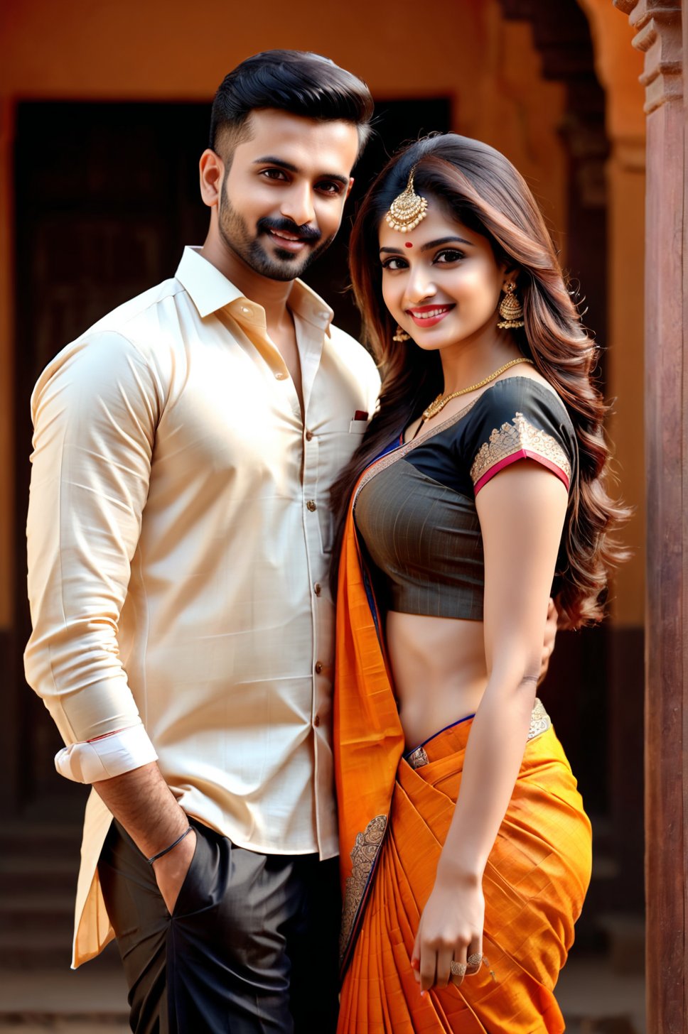 beautiful young couple, HD Face, masterpiece, best quality, realistic, 1girl, indian golden dress, traditional stars printed saree, black HD eyes look at viewer, real lips, real HD image, HD face, handsome man, fair skin, real indian eyes, orenge colour shirt, traditional dhoti, real HD face, clean shave, full body shot head to toe, HD smile, love hug,