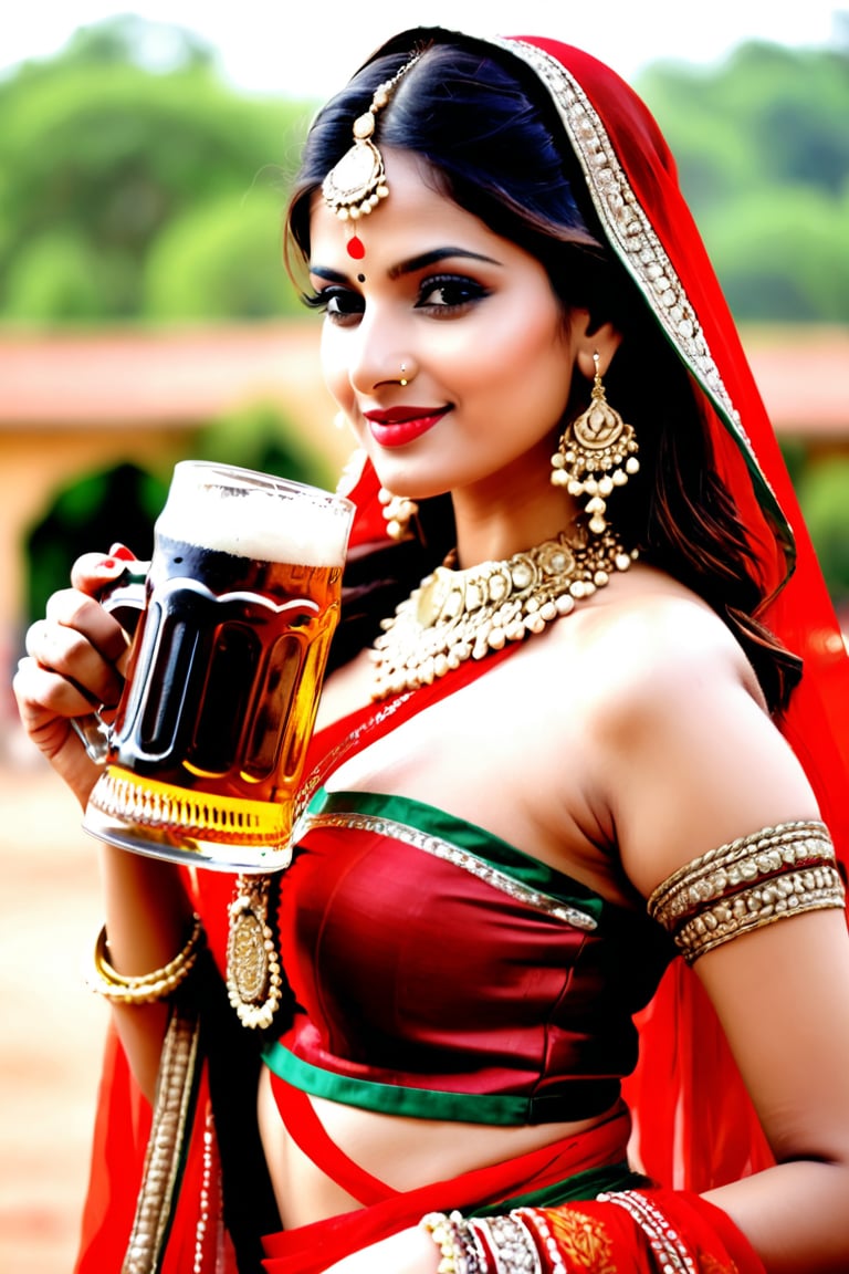 Rajasthani beuty, wearing red ghagra chunari, beer mug, Drinking beer,