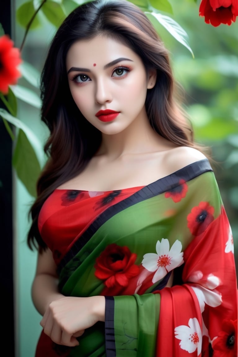 beautiful girl, flower printed saree, real Indian beauty, real black eyes, red lips, in the cool light, full photo, make a love in red green flower, look at viewer,