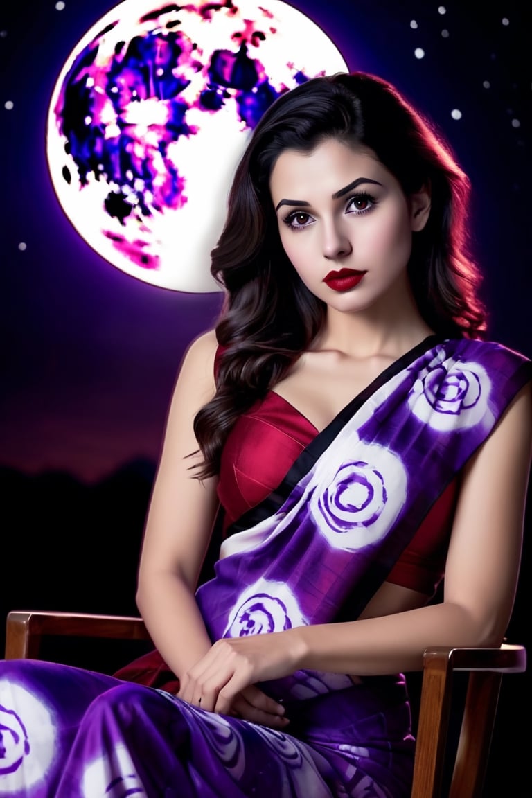 beautiful girl, purple printed saree, real Indian beauty, real black eyes, red lips, in the moon light, full photo, sitting on the chair, look at viewer,