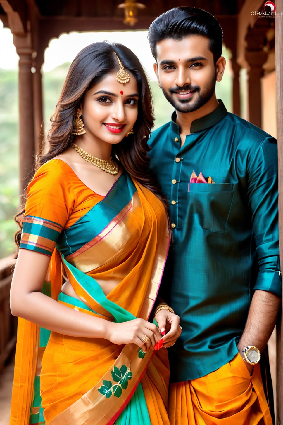 beautiful young couple, HD Face, masterpiece, best quality, realistic, 1girl, indian golden dress, traditional star printed saree, black HD eyes look at viewer, real lips, real HD image, HD face, handsome man, fair skin, real indian eyes, orenge colour shirt, traditional dhoti, real HD face, clean shave, full body shot head to toe, HD smile, take tea in the tea hut,