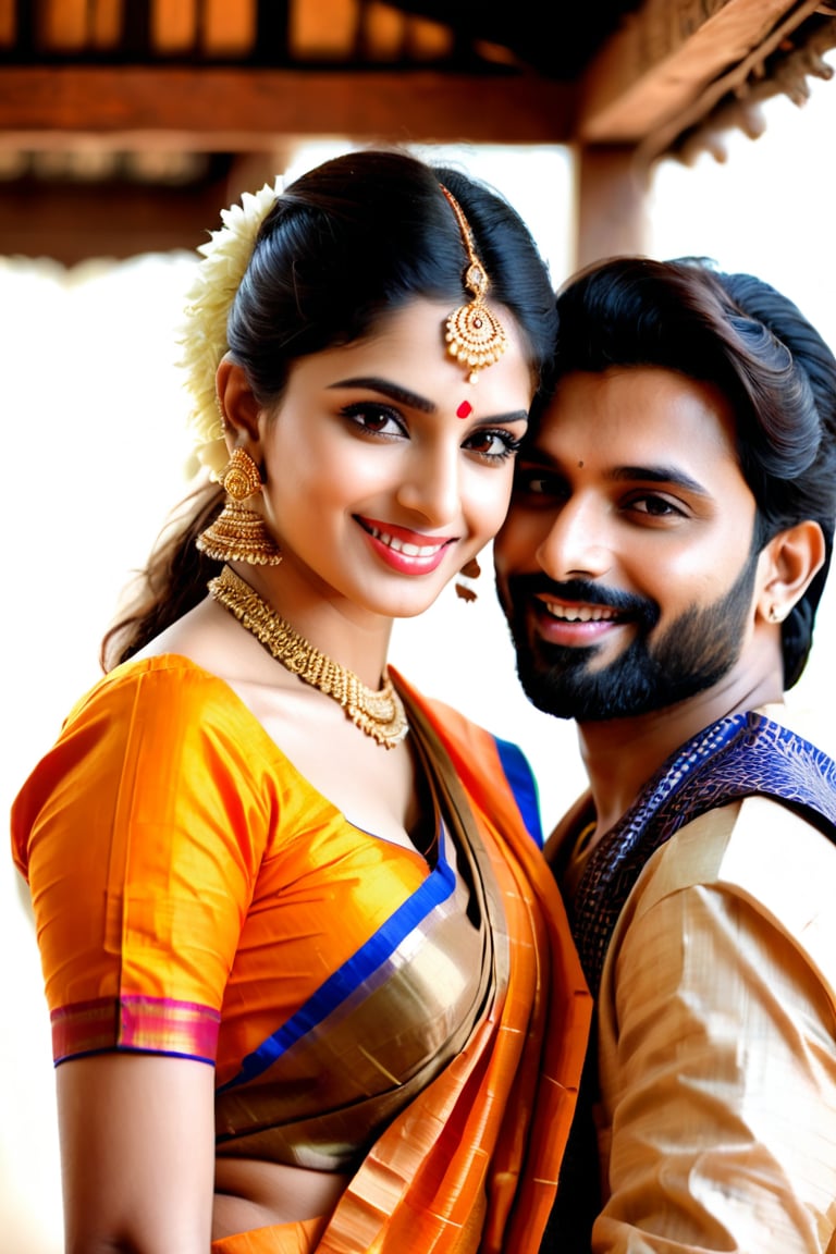 beautiful young couple, HD Face, masterpiece, best quality, realistic, 1girl, indian golden dress, traditional star printed saree, black HD eyes look at viewer, real lips, real HD image, HD face, handsome man, fair skin, real indian eyes, orenge colour shirt, traditional dhoti, real HD face, clean shave, full body shot head to toe, HD smile, take tea in the tea hut,
