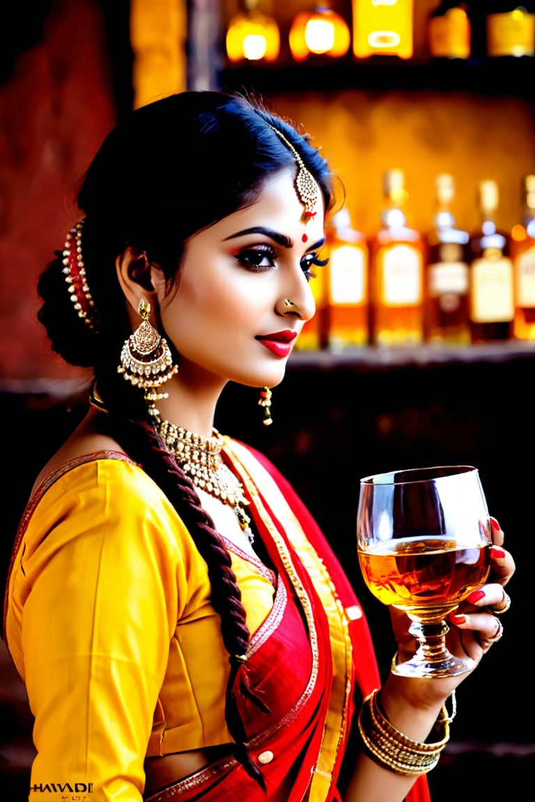 Rajasthani beuty, wearing red yellow chunari, whisky glass, drinking whiskey,