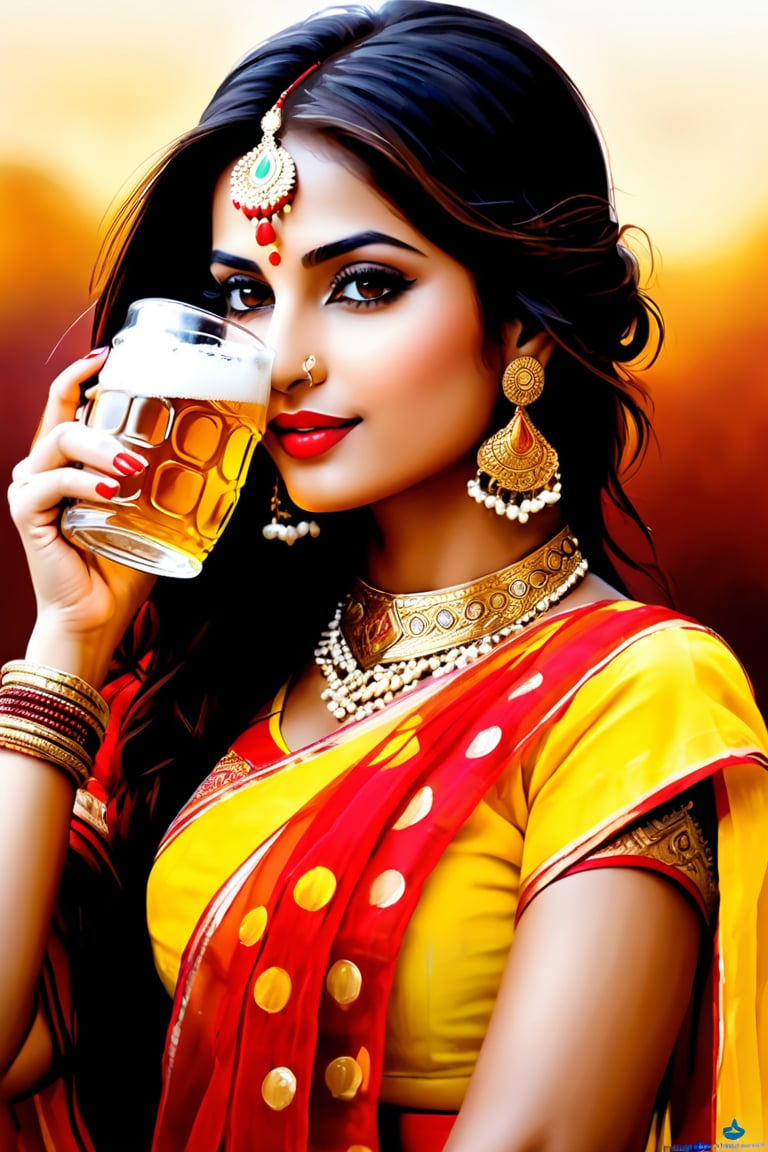 Rajasthani beuty, wearing red yellow chunari, beer mug, drinking beer,