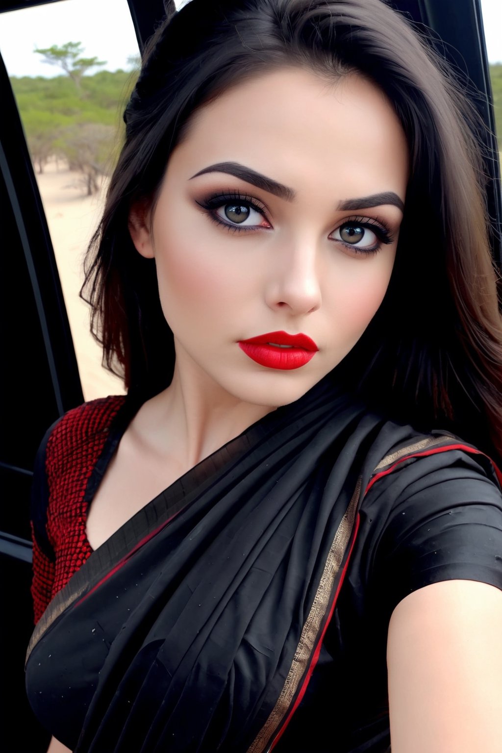 beautiful girl, black saree, real Indian beauty, black eyes, red lips, at Dune safari,