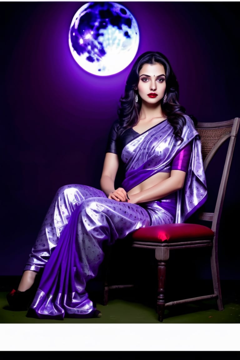beautiful girl, purple silver printed saree, real Indian beauty, real black eyes, red lips, in the moon light, full photo, sitting on the chair, look at viewer,