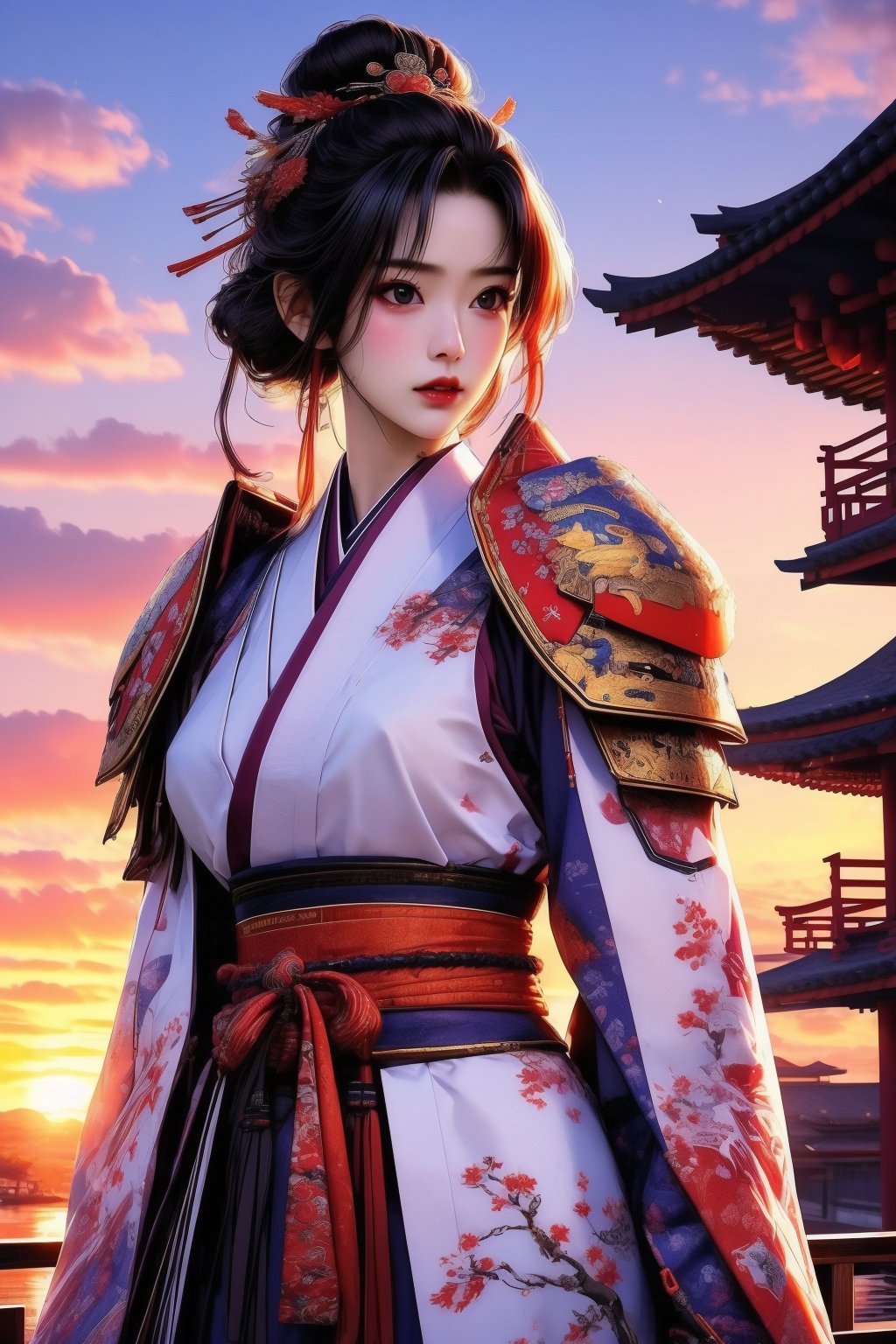 busty and sexy girl, 8k, masterpiece, ultra-realistic, best quality, high resolution, high definition, 1girl, solo, black hair, hair ornament, outdoors, japanese clothes, sky, cloud, kimono, hair bun, armor, tree, lips, sash, single hair bun, shoulder armor, sunset, realistic, sun, japanese armor, sode