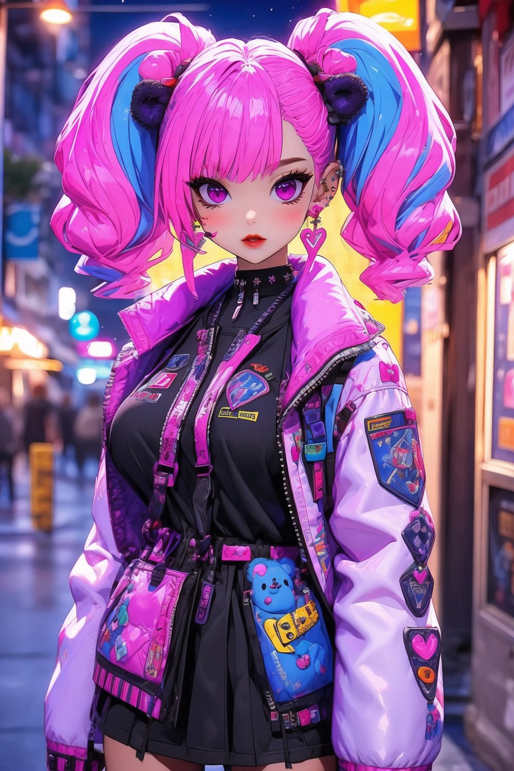 busty and sexy girl, 8k, masterpiece, ultra-realistic, best quality, high resolution, high definition,1girl, solo, looking at viewer, skirt, large breasts, long sleeves, ribbon, stickers, twintails, jewelry, purple eyes, jacket, pink hair, white hair, heart, multicolored hair, earrings, outdoors, dark skin, black skirt, pink eyes, bag, bears, night, piercing, white jacket