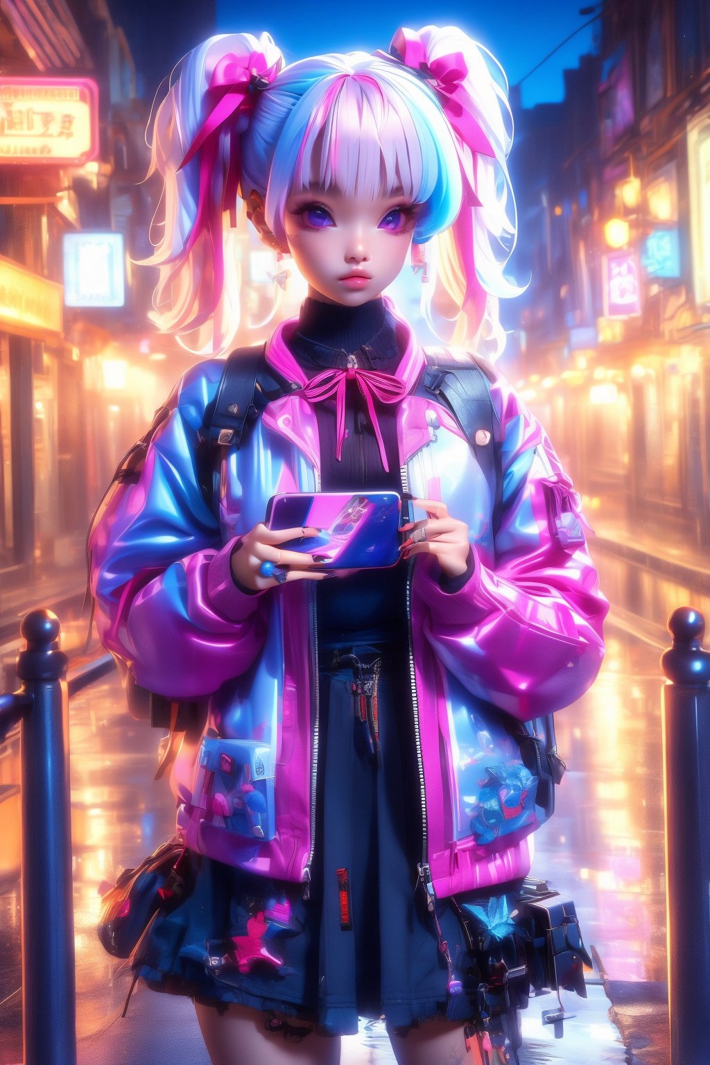 busty and sexy girl, 8k, masterpiece, ultra-realistic, best quality, high resolution, high definition,1girl, solo, looking at viewer, skirt, long sleeves, ribbon, holding, twintails, jewelry, purple eyes, jacket, pink hair, white hair, heart, multicolored hair, earrings, outdoors, dark skin, black skirt, pink eyes, bag, nail polish, night, phone, piercing, white jacket