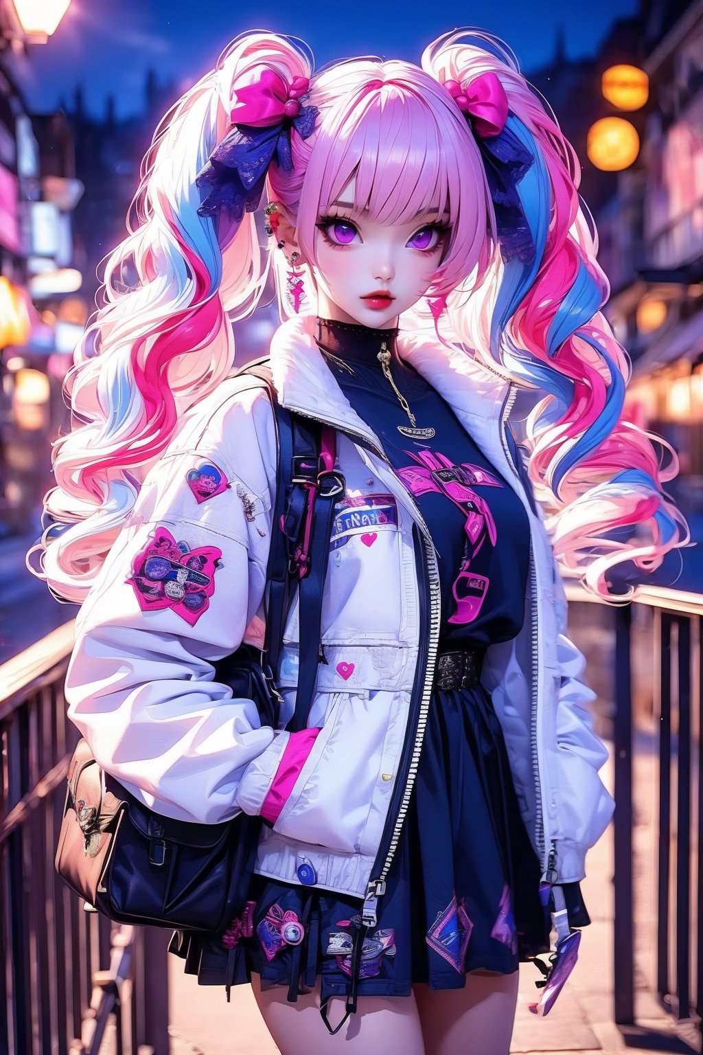 busty and sexy girl, 8k, masterpiece, ultra-realistic, best quality, high resolution, high definition,1girl, solo, looking at viewer, skirt, long sleeves, ribbon, holding, twintails, jewelry, purple eyes, jacket, pink hair, white hair, heart, multicolored hair, earrings, outdoors, dark skin, black skirt, pink eyes, bag, nail polish, night,  piercing, white jacket