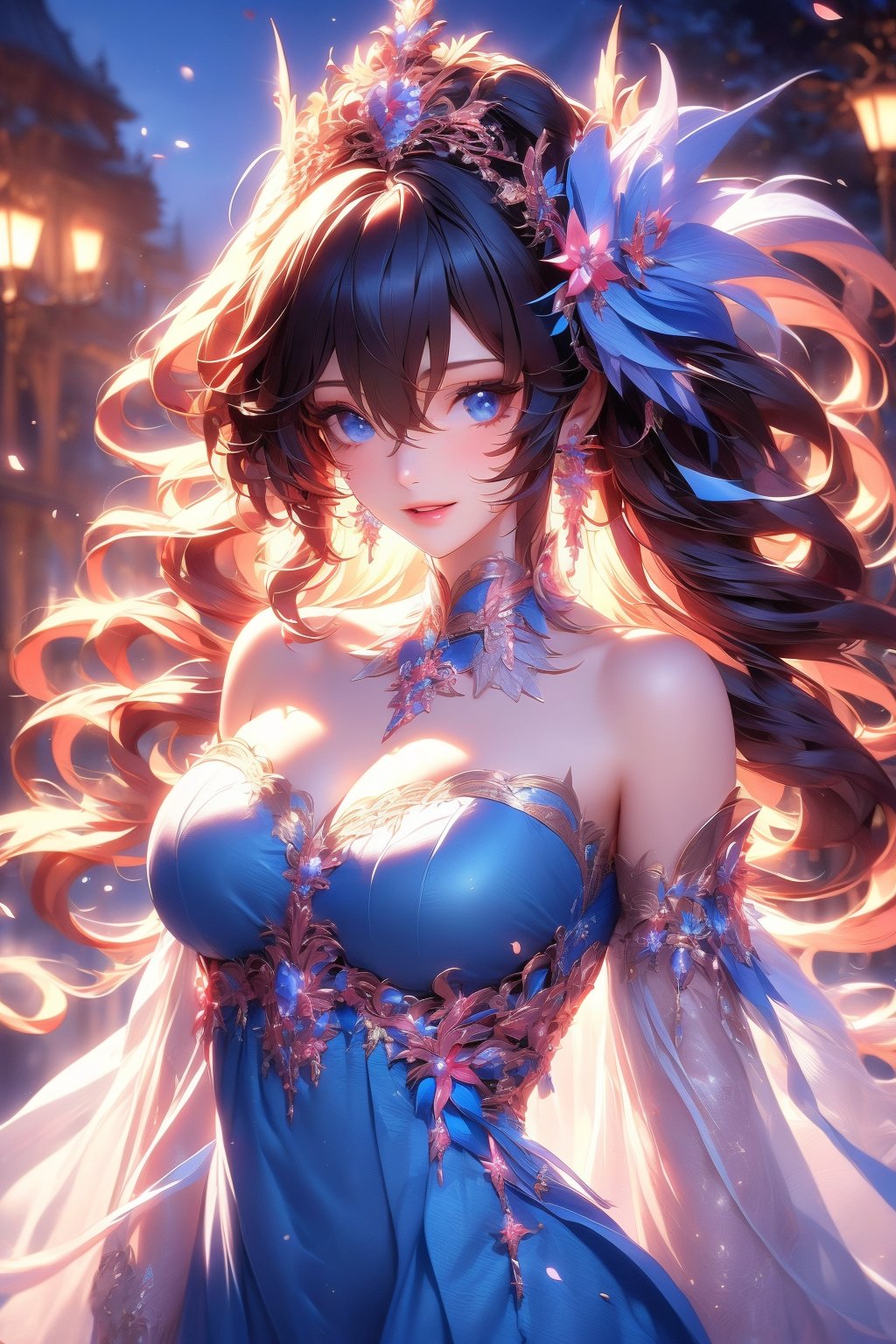 busty and sexy girl, 8k, masterpiece, ultra-realistic, best quality, high resolution, high definition, 1girl, solo, long hair, breasts, looking at viewer, smile, bangs, blue eyes, large breasts, black hair, hair ornament, dress, cleavage, hair between eyes, bare shoulders, jewelry, upper body, flower, short sleeves, earrings, parted lips, detached sleeves, hair flower, water, petals, strapless, covered navel, detached collar, night, blue dress, tiara, white flower, strapless dress