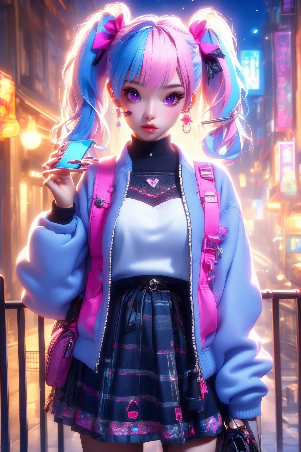 busty and sexy girl, 8k, masterpiece, ultra-realistic, best quality, high resolution, high definition,1girl, solo, looking at viewer, skirt, long sleeves, ribbon, holding, twintails, jewelry, purple eyes, jacket, pink hair, white hair, heart, multicolored hair, earrings, outdoors, dark skin, black skirt, pink eyes, bag, nail polish, night, phone, piercing, white jacket