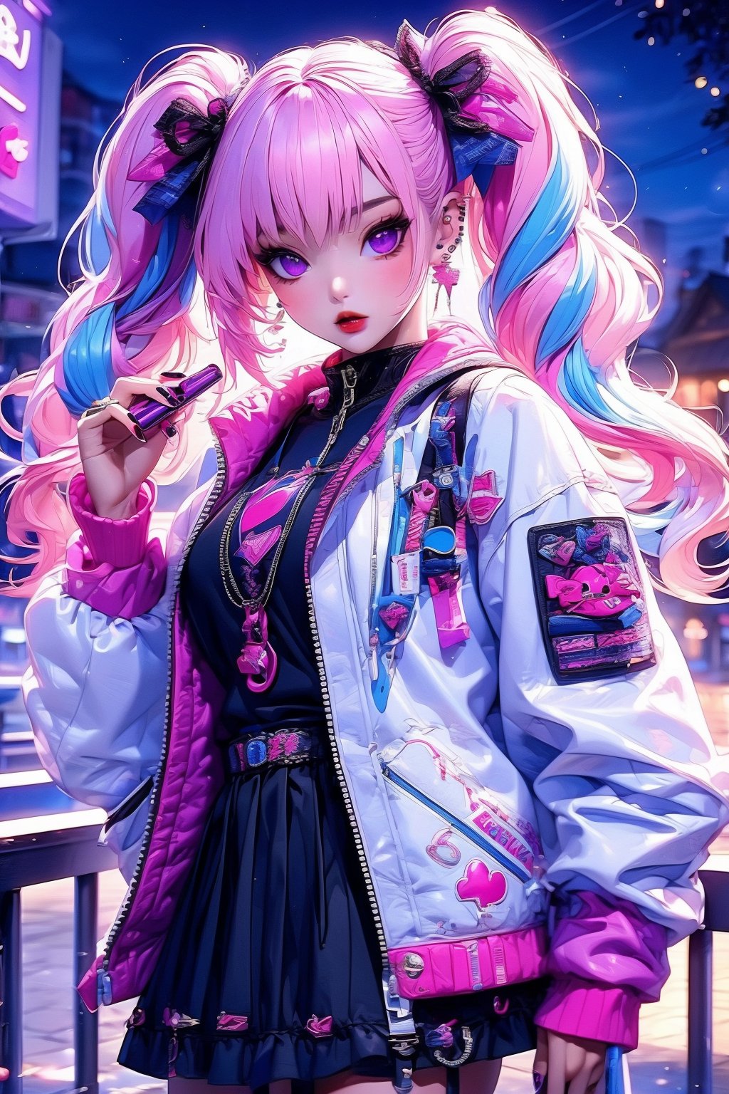 busty and sexy girl, 8k, masterpiece, ultra-realistic, best quality, high resolution, high definition,1girl, solo, looking at viewer, skirt, long sleeves, ribbon, holding, twintails, jewelry, purple eyes, jacket, pink hair, white hair, heart, multicolored hair, earrings, outdoors, dark skin, black skirt, pink eyes, bag, nail polish, night,  piercing, white jacket