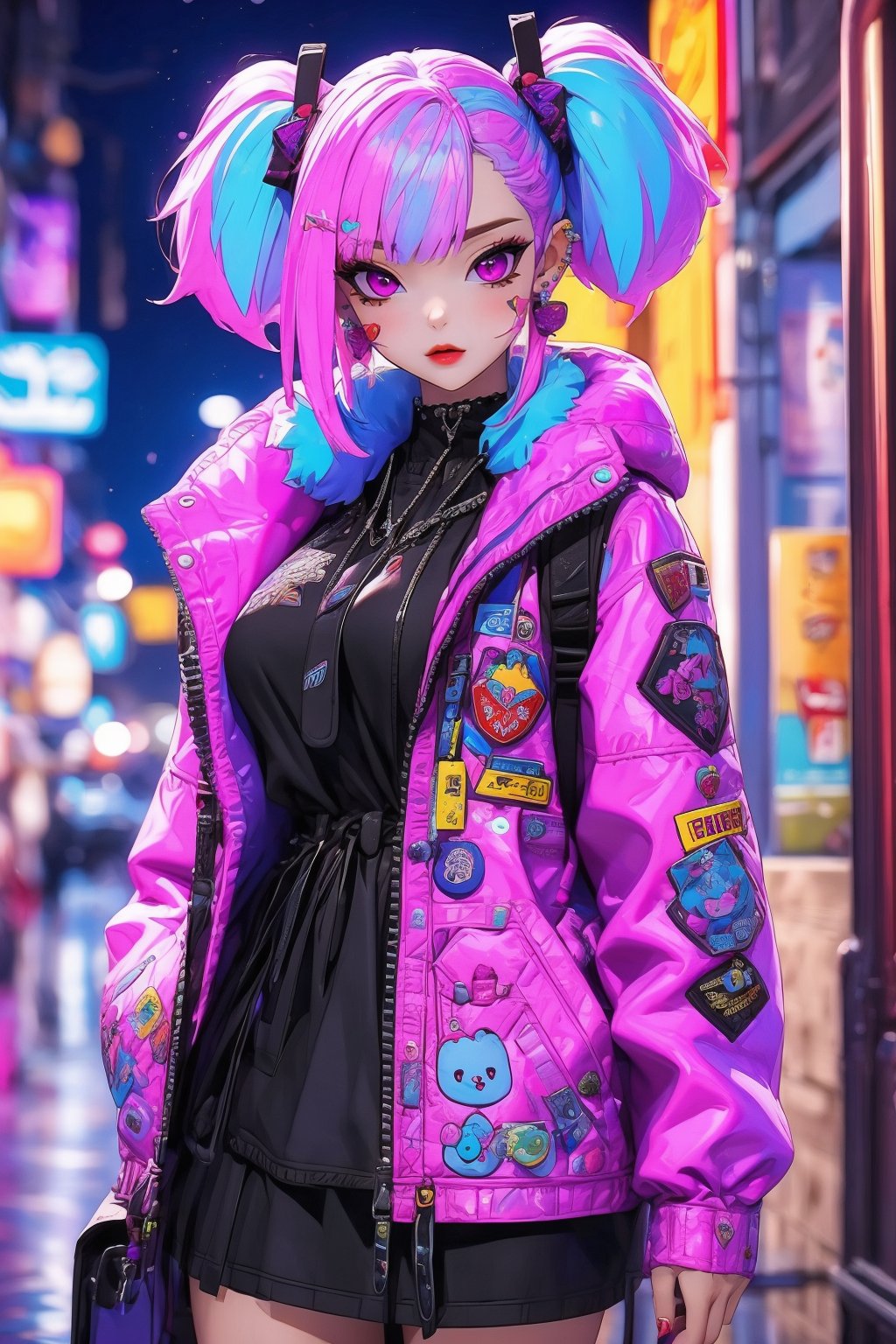 busty and sexy girl, 8k, masterpiece, ultra-realistic, best quality, high resolution, high definition,1girl, solo, looking at viewer, skirt, large breasts, long sleeves, ribbon, stickers, twintails, jewelry, purple eyes, jacket, pink hair, white hair, heart, multicolored hair, earrings, outdoors, dark skin, black skirt, pink eyes, bag, bears, night, piercing, white jacket