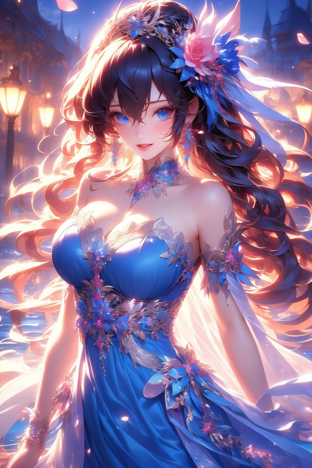 busty and sexy girl, 8k, masterpiece, ultra-realistic, best quality, high resolution, high definition, 1girl, solo, long hair, breasts, looking at viewer, smile, bangs, blue eyes, large breasts, black hair, hair ornament, dress, cleavage, hair between eyes, bare shoulders, jewelry, upper body, flower, short sleeves, earrings, parted lips, detached sleeves, hair flower, water, petals, strapless, covered navel, detached collar, night, blue dress, tiara, white flower, strapless dress