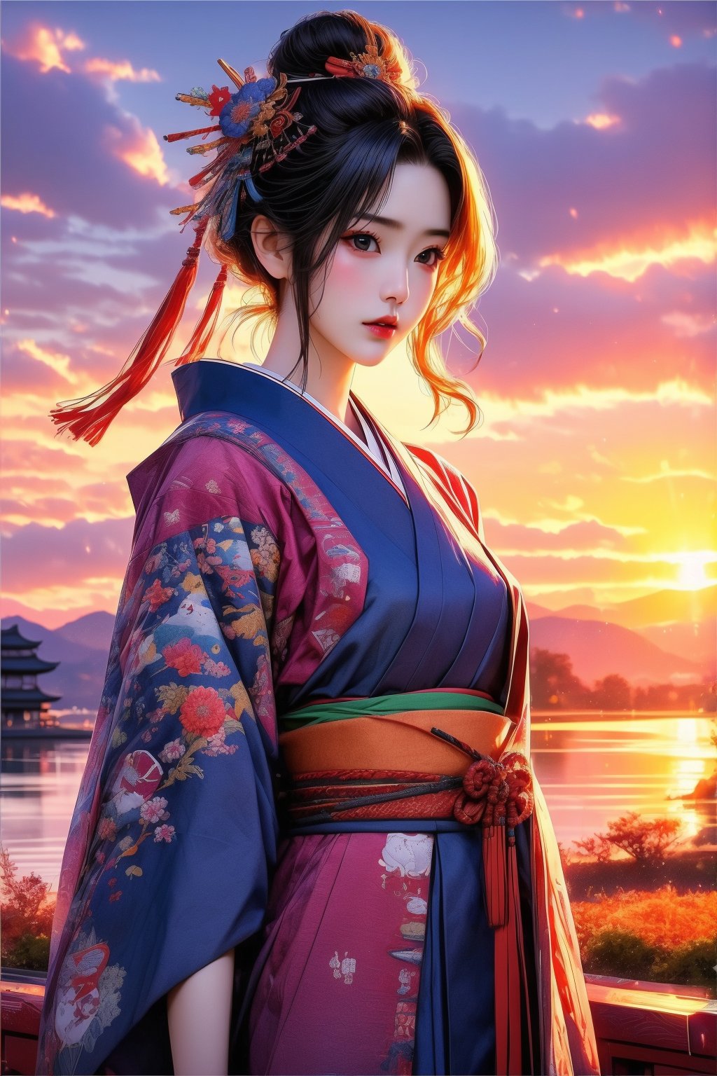 busty and sexy girl, 8k, masterpiece, ultra-realistic, best quality, high resolution, high definition, 1girl, solo, black hair, hair ornament, outdoors, japanese clothes, sky, cloud, kimono, hair bun, armor, tree, lips, sash, single hair bun, shoulder armor, sunset, realistic, sun, japanese armor, sode