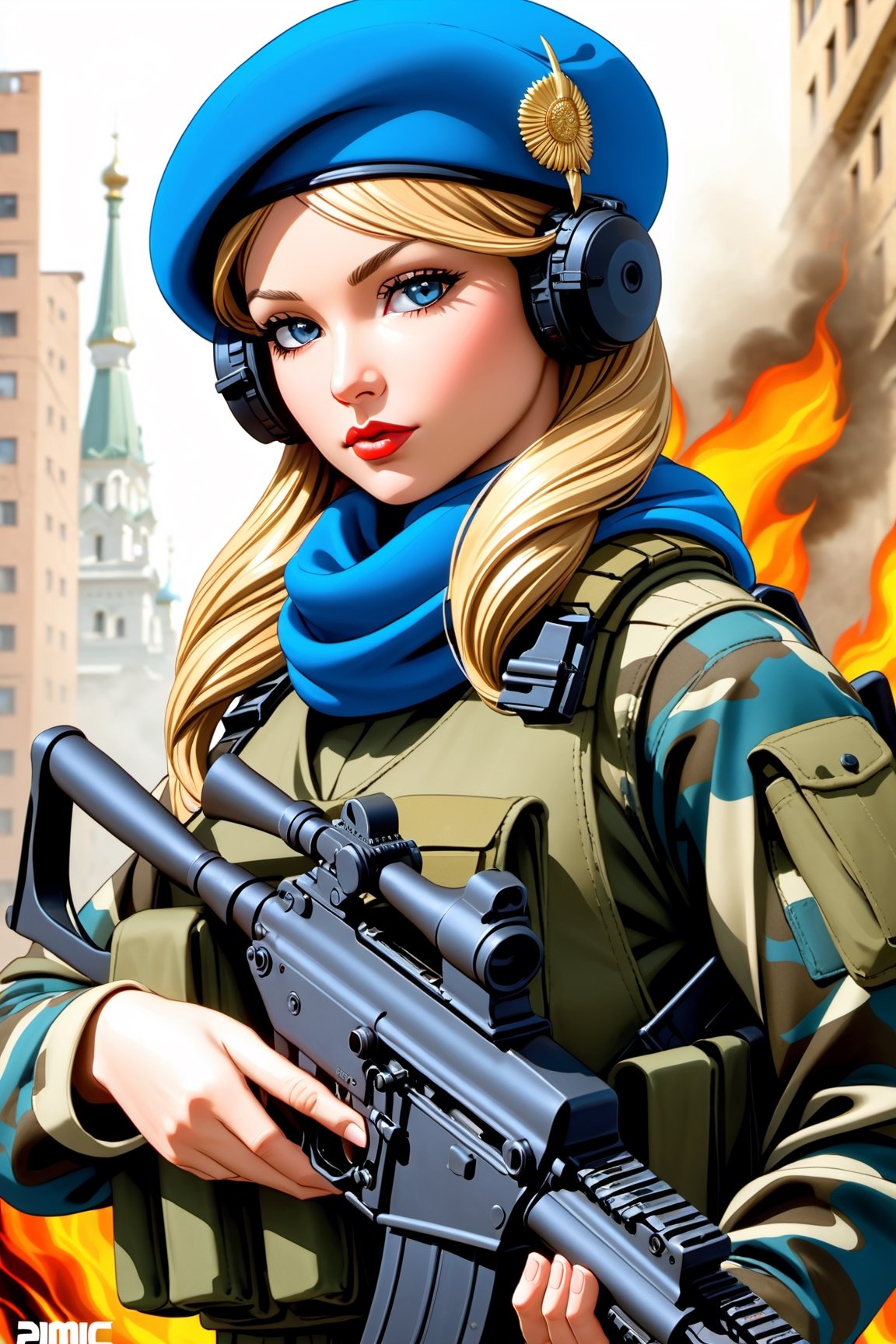 The PMC girl confidently stands in a dynamic pose, wielding an AK-102, an iconic assault rifle, ready for battle. The meticulously detailed AK-102 features a compact and robust design, with a suitable barrel length, black polymer components, and a folding stock contributing to its streamlined profile.

Constructed primarily from steel, aluminum alloys, and high-strength polymer, the AK-102 showcases durability and resilience. The artist captures the essence of the firearm by accurately depicting details such as the fire selector, gas piston, and muzzle brake, showcasing a commitment to authenticity.

The uniform, inspired by the Russian Airborne Troops (VDV), complements the scene with a blue beret placed firmly on the head, digital flora-style Russian woodland camouflage,

In her Russian military harness, the PMC girl skillfully carries AK-102, black magazines, contributing to the practicality of her gear. The overall composition conveys a sense of urgency and intensity, emphasized by the character's determined posture, reflecting preparedness for an imminent battle. The detailed background and gear, AK-102 Russian Weapon