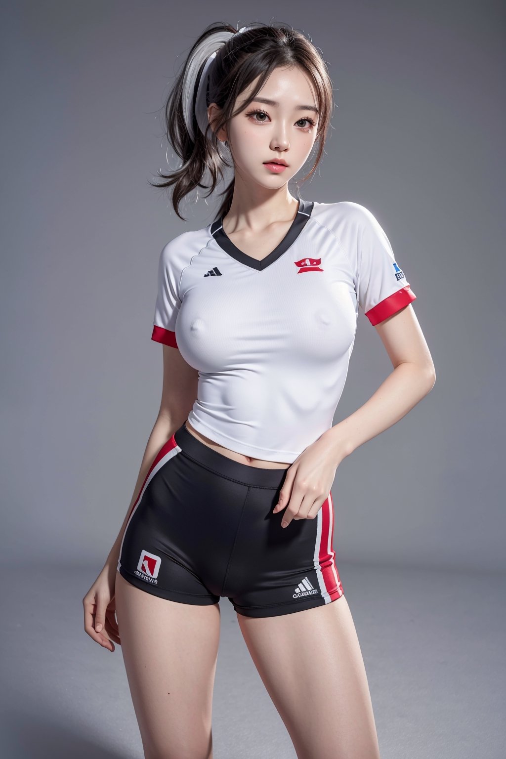 8k,RAW photo,masterpiece,best quality,ultra high res, photorealistic, korean,
1girl, from front,masterpiece, gray_hair, all random, white smooth tight sports_uniform, random background, full_body, random posture, side ponytail, big_breast, pussy exposed, white short