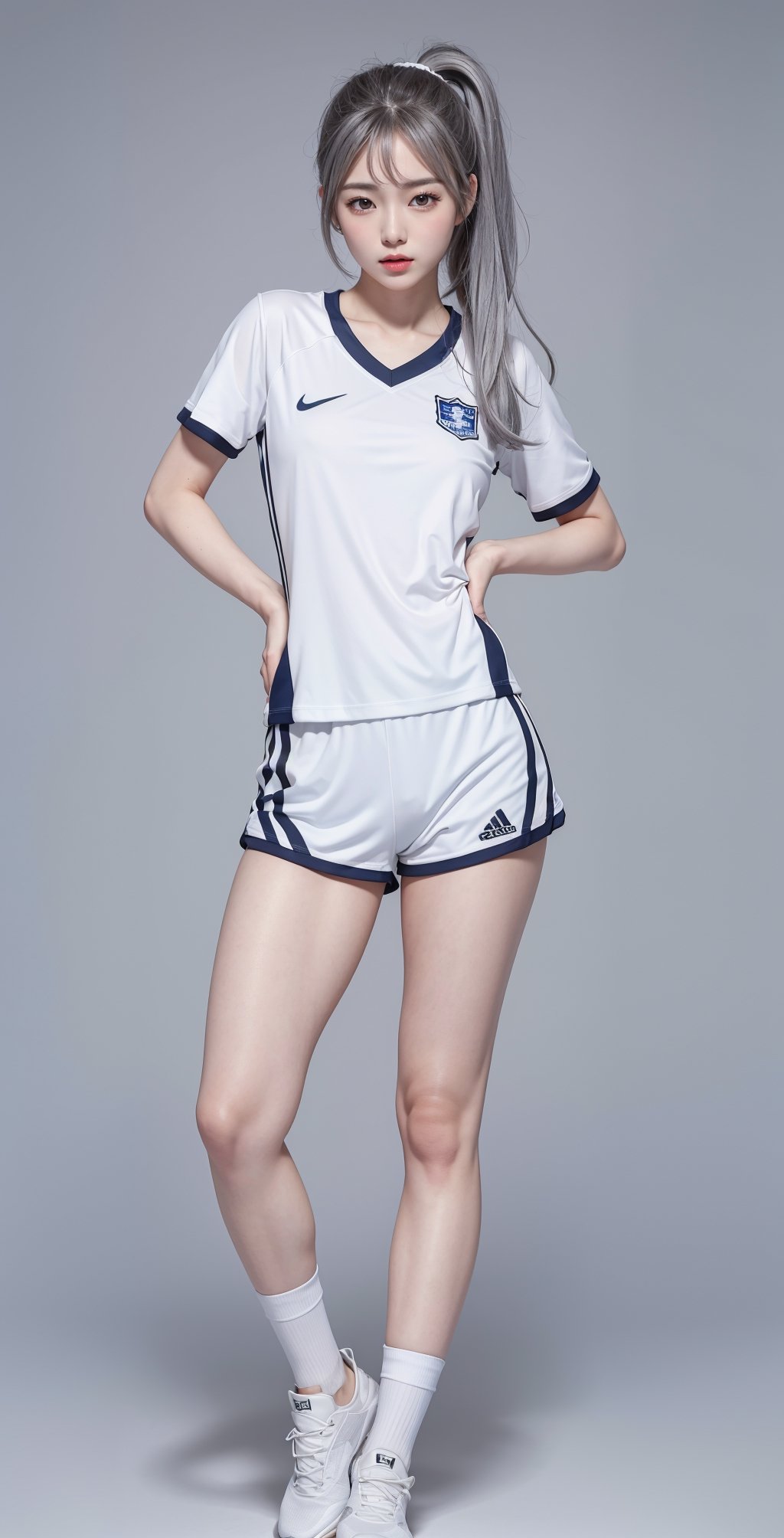 8k,RAW photo,masterpiece,best quality,ultra high res, photorealistic, korean,
1girl, from front,masterpiece, gray_hair, all random, white smooth tight sports_uniform, sport background, full_body, random posture, side ponytail, tiny_breasts, pussy exposed, white short