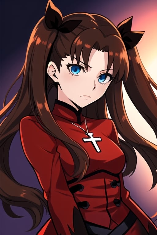 Female, Blue eyes, Brown Hair, Twin Tails, Cross Pendant, Red and black Tailcoat, Black Gloves, Rin Tohsaka, Rin Tohsaka Fate Series, Rin Fate/Stay Night, Rin Tohsaka Fate/Stay Night, Fate/Stay Night