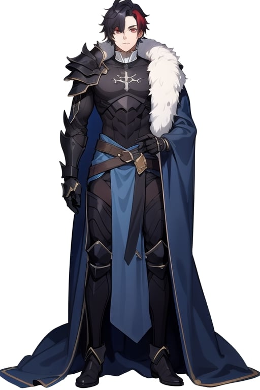 Blue cloak with fur on top, Black armor, Maple Hair, Red eyes, masterpiece