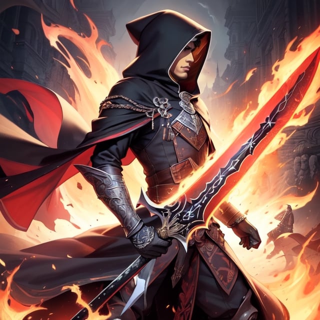 (masterpiece, top quality, best quality, official art, beautiful and aesthetic:1.2), (1man), extreme detailed,(fractal art:1.3),colorful,highest detailed, black cloak, black hood, handsome Greatsword, claymore, big sword, holding a giant sword, battlefield, flame, fire