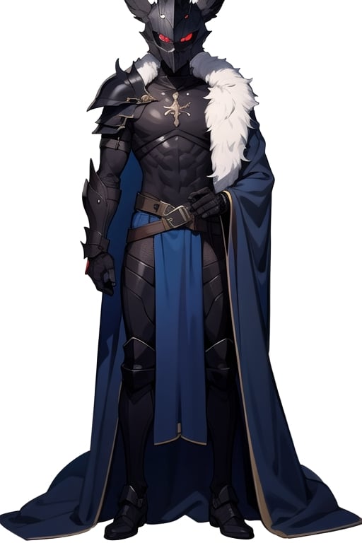 Blue cloak with fur on top, Black armor, Maple Hair, Red eyes, masterpiece, Black Helmet, dark helmet 