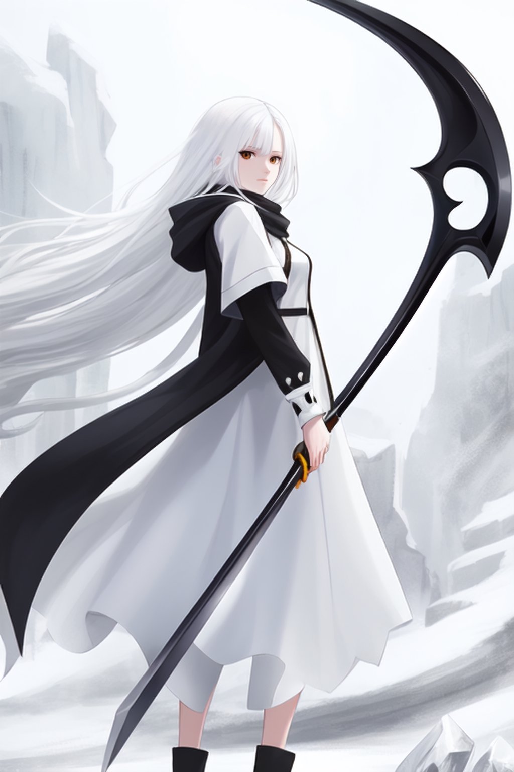white hair, Ice, ice Scythe, white dress, white scarf, very long hair, white eyes, holding a scythe, weapon scythe, white
