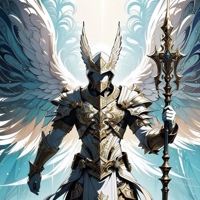 (masterpiece, top quality, best quality, official art, beautiful and aesthetic:1.2), (1male), extreme detailed,(fractal art:1.3),colorful,highest detailed, white armor, Male, white hood, Lightbackground, Holding a spear, Holy Spear, flying, white wings, guardian angel, white helmet