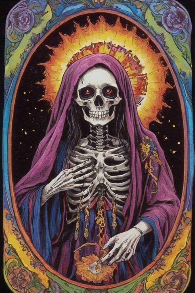 Pyschedelic tarot card featuring a beautiful old woman, depicting death