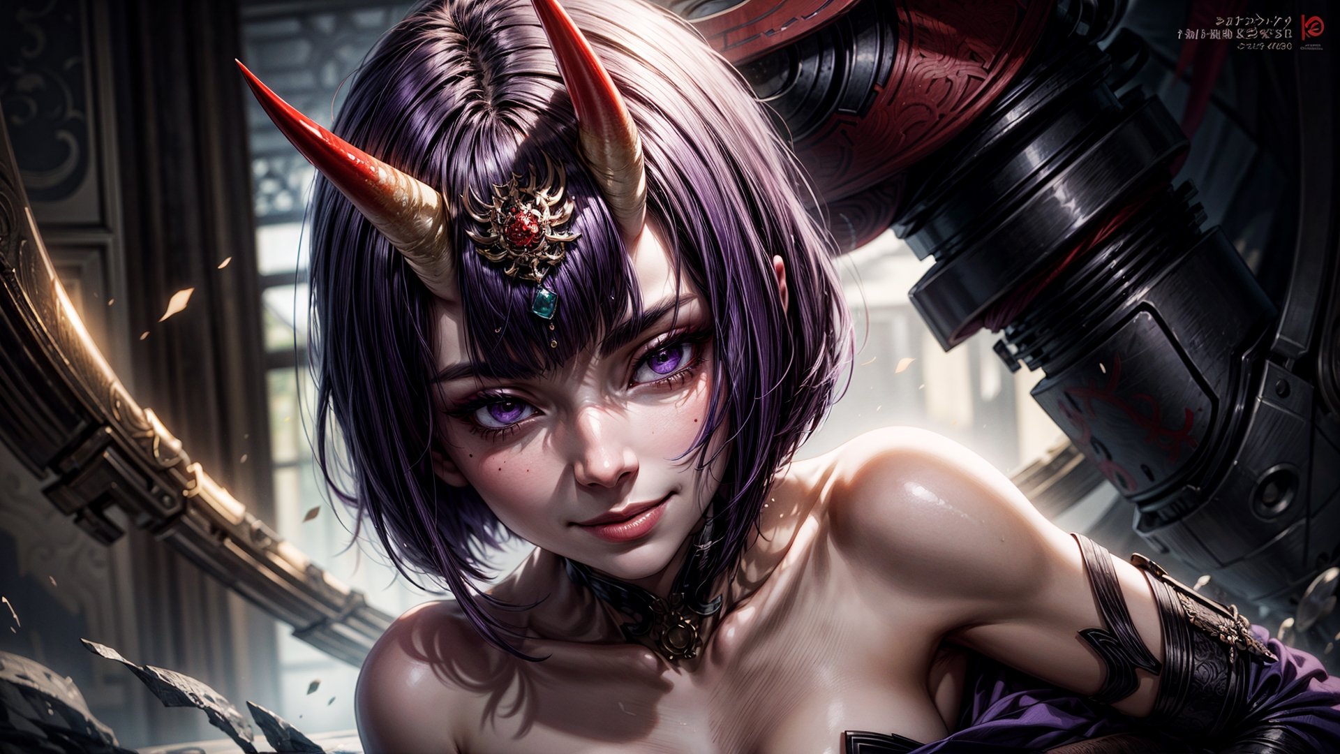  highly detailed, digital illustration, shuten douji, horns, bob cut, smile, purple eyes,  purple hair,  small breasts, oni horns, ,shuten douji