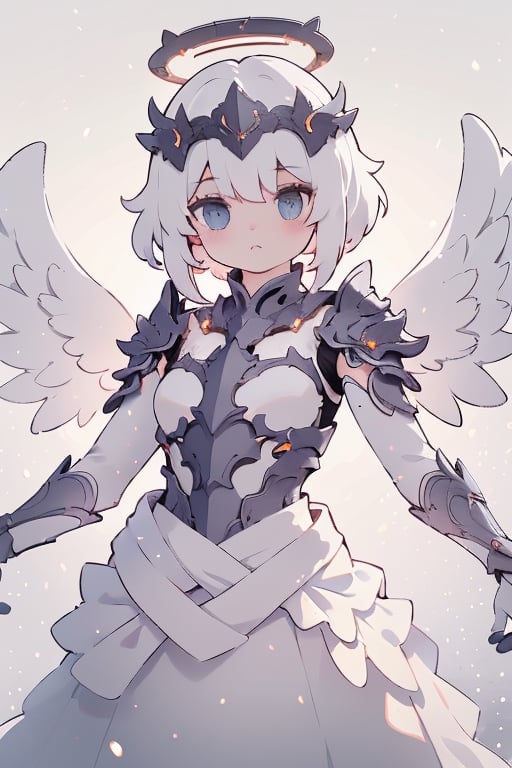 absurdres, [perfect shadows and lighting], detailed background, incredible high-key lighting, masterpiece, high quality, detailed, extremely detailed, ambient soft lighting, 4K, 1girl, looking at viewer, solo, emb3r4rmor, no helmet, fully covered,(((shades of white, cute, ))), angel wings, doughtnut halo, thin, snowing, (cotton candy dress,) cute armored angel