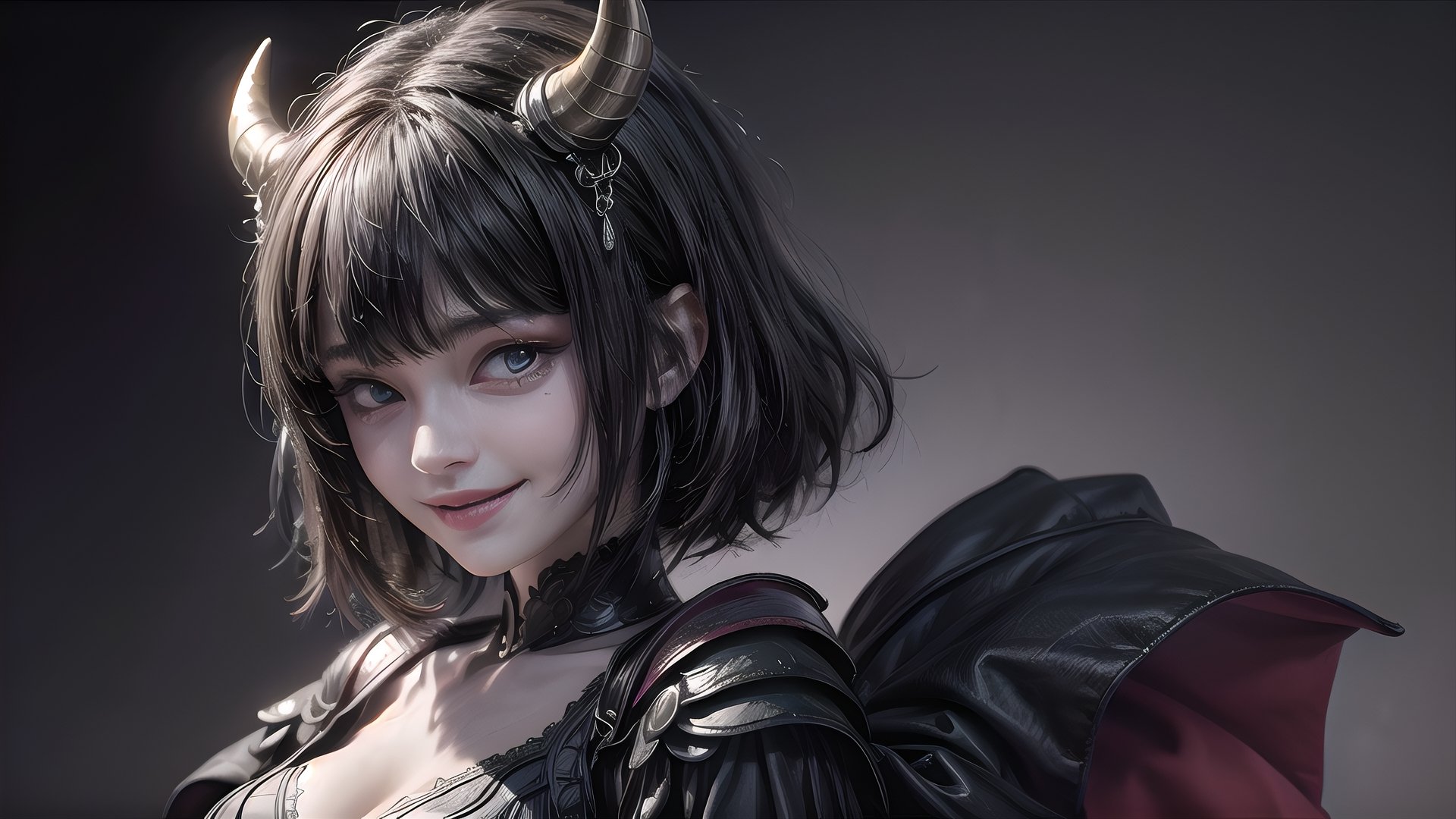 absurdres, [perfect shadows and lighting], detailed background, incredible high-key lighting, masterpiece, high quality, detailed, extremely detailed, ambient soft lighting, 4K, 1girl, looking at the viewer, solo, no helmet, fully covered, FGO, shuten douji, 2 oni horns, purple short hair, smile, closed mouth smile,edgGesugao, evil smile