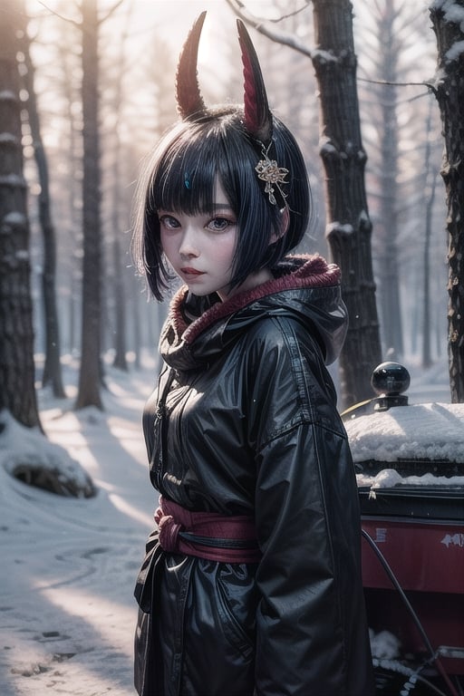 absurdres, [perfect shadows and lighting], detailed background, incredible high-key lighting, masterpiece, high quality, detailed, extremely detailed, ambient soft lighting, 4K, 1girl, looking at viewer, solo, no helmet, fully covered,(((cute, ))), thin, snowing, (( shuten douji)), pullover, winter forest background,  winter, warm clothes 