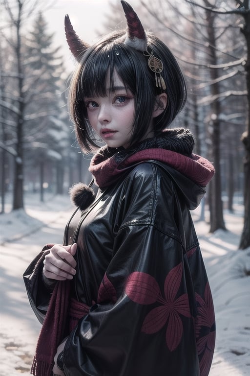 absurdres, [perfect shadows and lighting], detailed background, incredible high-key lighting, masterpiece, high quality, detailed, extremely detailed, ambient soft lighting, 4K, 1girl, looking at viewer, solo, no helmet, fully covered,(((cute, ))), thin, snowing, (( shuten douji)), pullover, winter forest background,  winter, warm clothes 