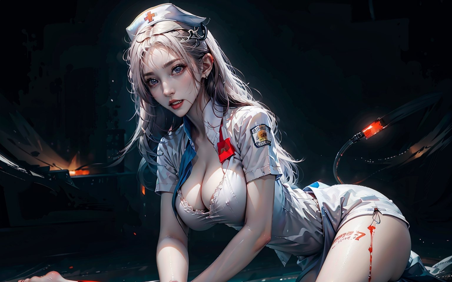 highres, highest quality, illustration, ultra detailed, (detailed face), (detailed eyes), cinematic lighting, best quality, hyper detailed, masterpiece, 1_girl,nurse, wide_hip, white_clothes, tight_clothes, pale_skin, blood,nurse_uniform, cleavage, horror, nice_legs_line, black_background, scary,sm4c3w3k, cowboy_shot, faceless, narrow_waist