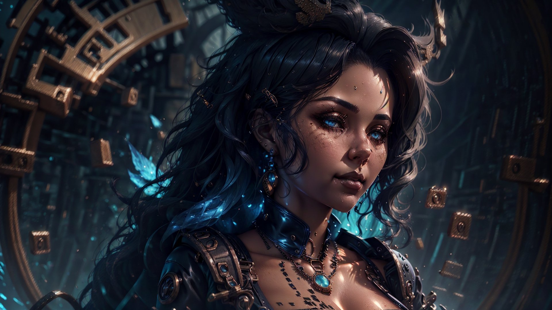 detailed anime character art, 3d 8k hd trending on art station,  artgerm, 3d unreal engine, female, hyperdetailed fantasy character, (detailed face, half-body shot),futuristic,sexy sleeve zip black leather jacket,boobs, earrings, makeup, background, black long hair, steampunck necklace, 1 girl, slight smile, blue natural eyes, breast cleavage, smooth skin, soft winged eyeliner, half-body portrait, beige skin, no implant, human eye