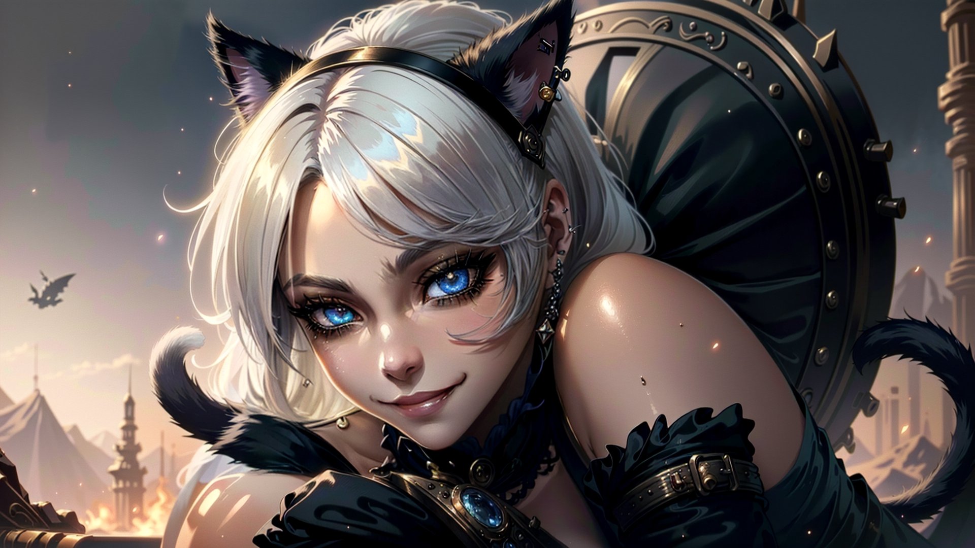 (masterpiece:1.2), (cowboy shot), ((solo_female:1.5), female miqo'te, sexy Pose, detailed skin, light makeup, smooth skin, medium breasts, sexy smile, detailled eyebrows, (mesmerizing woman:1.3), (cat ears:1.5)), 
(sexy ultra detailed long hair, white hair color), 
3d unreal engine, futuristic, steampunk magic background, jewels, beautiful,fantasy00d, light effect,ultra resolution, 8K, ultra detailed,cinematic, 
(steampunk magic cloths, whole skintight cloth, (fluffy:0.6), hair accessory, (earrings, same earrings), gloves), outdoor,
photo of perfecteyes eyes,kanade,miqo'teManityro, new year