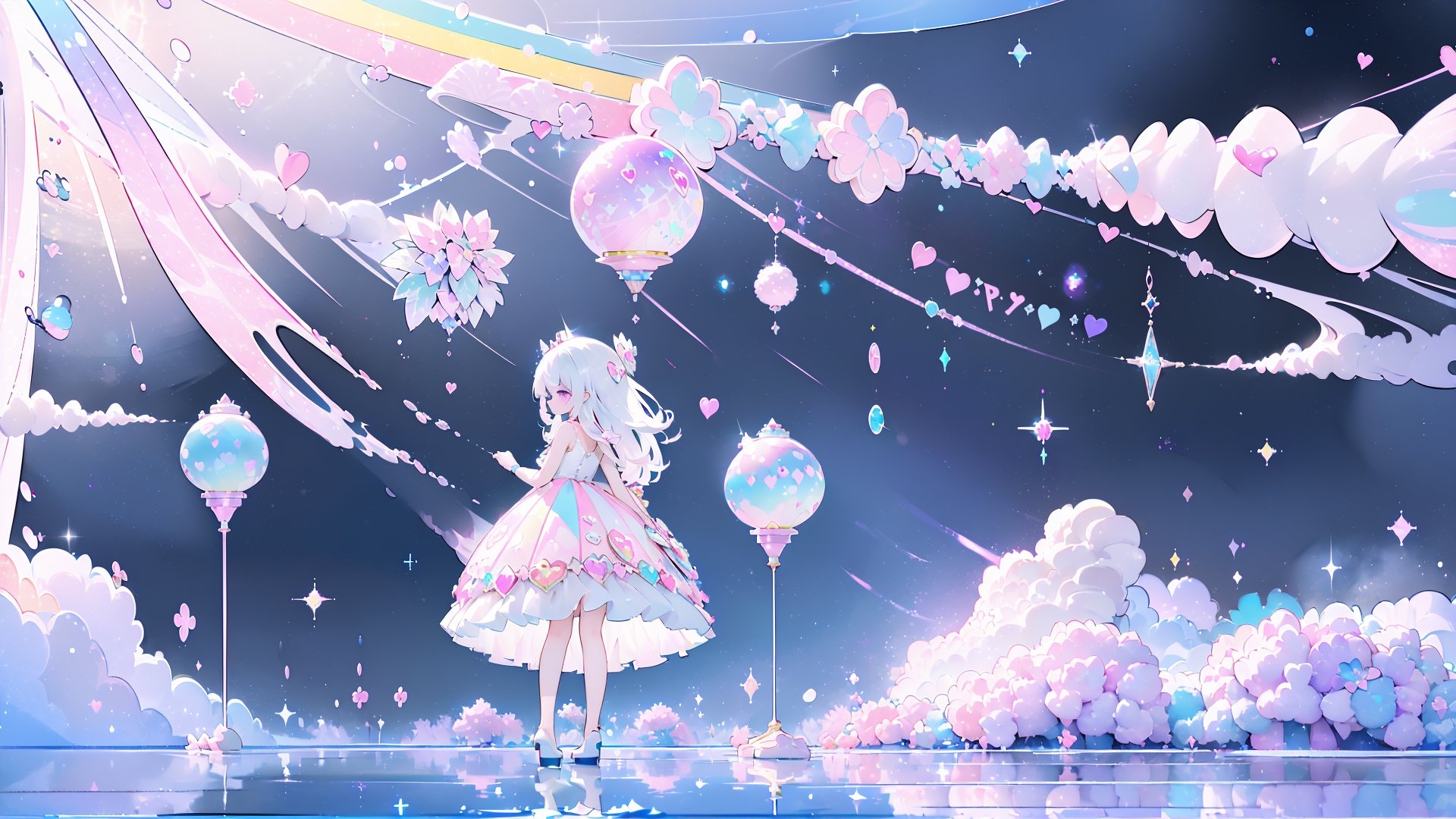 ((((1girl, bright white hair, long hair, purple eyes, pale skin, lolita dress, white dress, short dress, white thigh stockings, small breasts, pale skin, soft skin, rainbow, hearts, pastel, crystals, halo, colorful, doll, pink, purple, blue))))
(((flat ground, ground with white water, ground with glowing pastel rainbow color running through water)))
(((sky with clouds, sphere of magical white energy in the top of the sky, pastel rainbow sparkles on the edge of sphere of magical white energy, magical ribbons of pastel rainbow colors sirwling into sphere of magical white energy in top the sky)))
((lots of dolls everywhere))
((light atmosphere))
(fluffy, soft, light, bright, sparkles, twinkle, cute, pink, purple, blue, clouds, pastel, light colors, glitter, happy, normal pupil)
best quality, masterpiece, Detailedface, high_res 8K, candyland, full background, candy, sweets, lollipop, chocolate, ice cream, swirl lollipop, strawberry, ice cream, doughnut, cake, cupcake, balloon, chocolate bar, bubble, cream, whipped cream, dessert, pastry, candy wrapper, icing, teacup, confetti, cotton candy