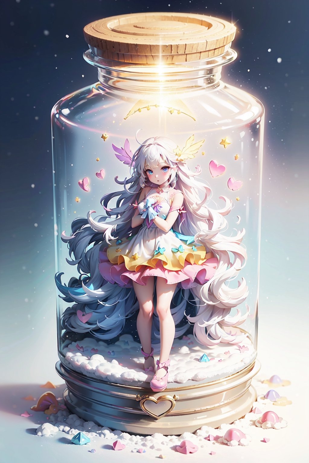 ((magical girl, white hair, rainbow eyes, doll dress, short dress, long hair, small breasts, pale skin, soft skin, colorful snow background, rainbow, hearts, snow, snowing, ice, pastel, sun)), (masterpiece, best quality:1.2), fluffy, soft, light, bright, sparkles, twinkle, slightly downcast eyes, cute, pink, purple, (crystals), (on toy figure stand), glass bottle,  jar, gib\(concept\),bottle,kawaiitech, clouds