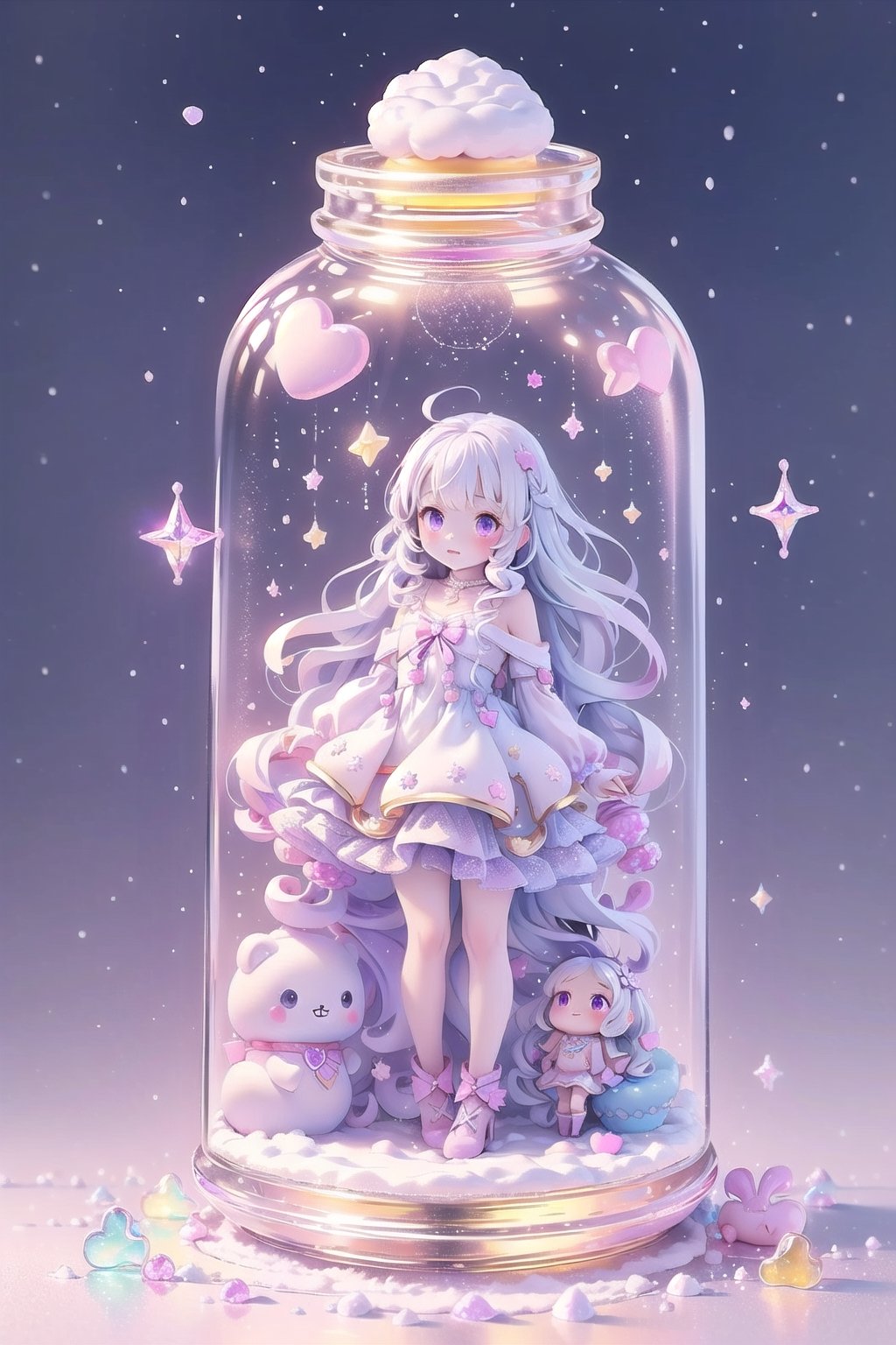 ((magical girl, rainbow, white hair, doll dress, short dress, long hair, purple eyes, small breasts, pale skin, soft skin, colorful snow background, rainbow, hearts, snow, snowing, ice, pastel, sun, clouds, sparkles, twinkle, crystals, stars)) (((white hair))),( fluffy, soft, light, bright, slightly downcast eyes, cute, pink, purple,  candy, sweets) (masterpiece, best quality:1.2), (on toy figure stand), glass bottle,  jar, gib\(concept\),bottle,kawaiitech