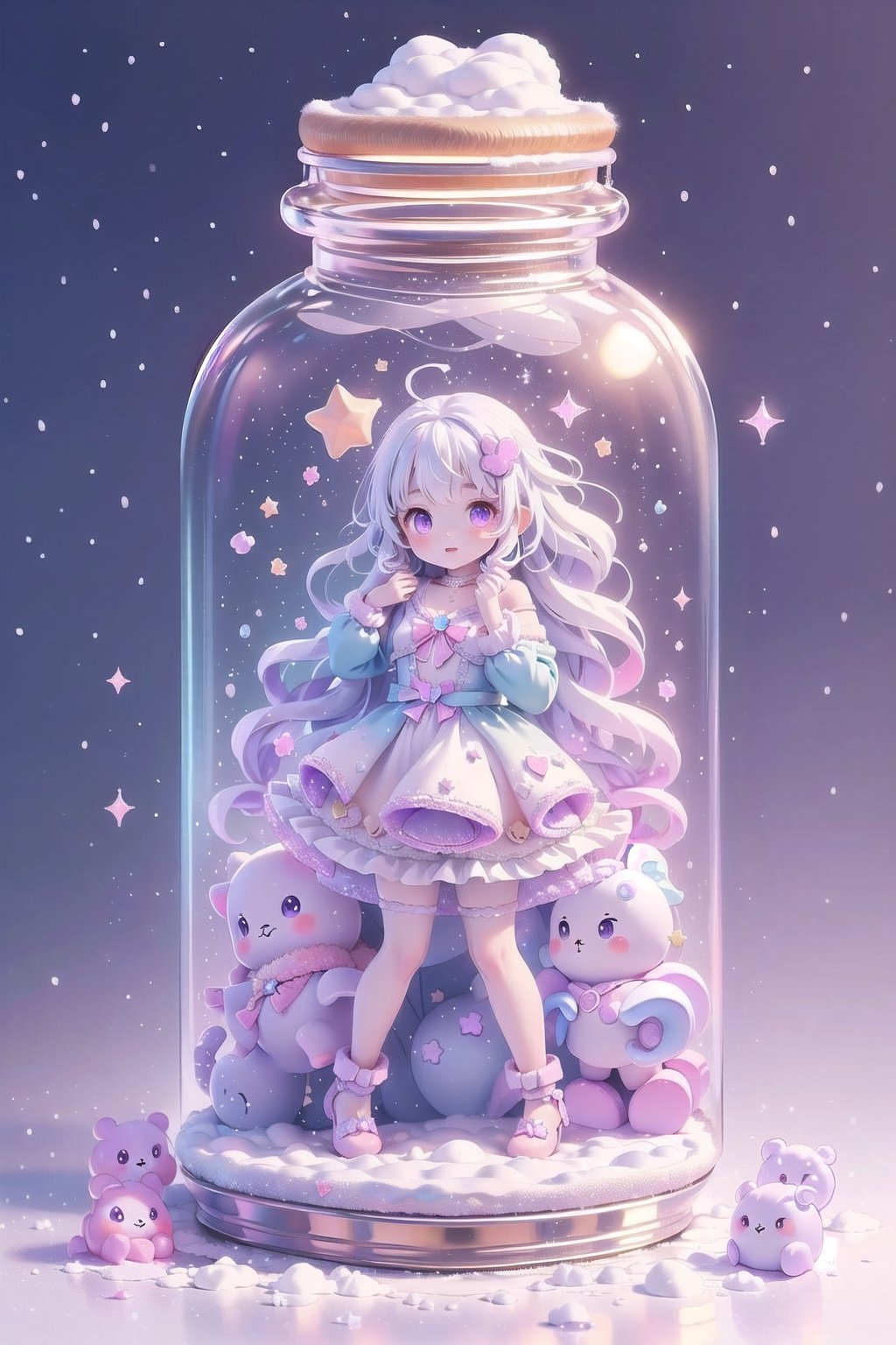 ((magical girl, rainbow, white hair, doll dress, short dress, long hair, purple eyes, small breasts, pale skin, soft skin, colorful snow background, rainbow, hearts, snow, snowing, ice, pastel, sun, clouds, sparkles, twinkle, crystals, stars)) (((white hair))),( fluffy, soft, light, bright, slightly downcast eyes, cute, pink, purple,  candy, sweets) (masterpiece, best quality:1.2), (on toy figure stand), glass bottle,  jar, gib\(concept\),bottle,kawaiitech