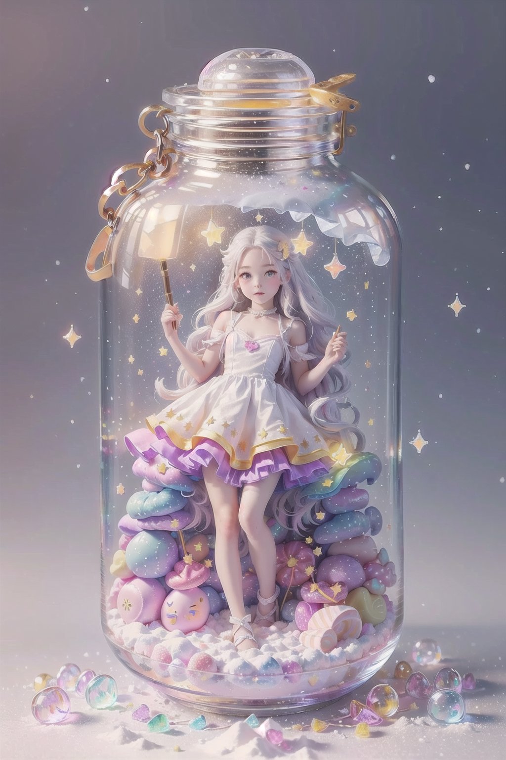 ((magical girl, rainbow, white hair, doll dress, short dress, long hair, purple eyes, small breasts, pale skin, soft skin, colorful snow background, rainbow, hearts, snow, snowing, ice, pastel, sun, clouds, sparkles, twinkle, crystals, stars)),( fluffy, soft, light, bright, slightly downcast eyes, cute, pink, purple,  candy, sweets) (masterpiece, best quality:1.2), (on toy figure stand), glass bottle,  jar, gib\(concept\),bottle,kawaiitech